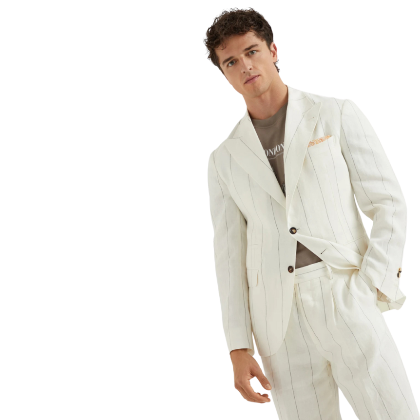 Costume croisé BRUNELLO CUCINELLI pur lin écru rayures tennis