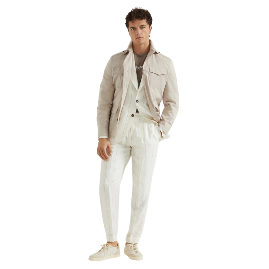 Costume croisé BRUNELLO CUCINELLI pur lin écru rayures tennis