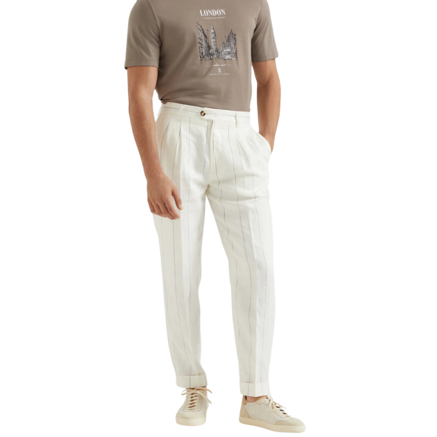 Costume croisé BRUNELLO CUCINELLI pur lin écru rayures tennis