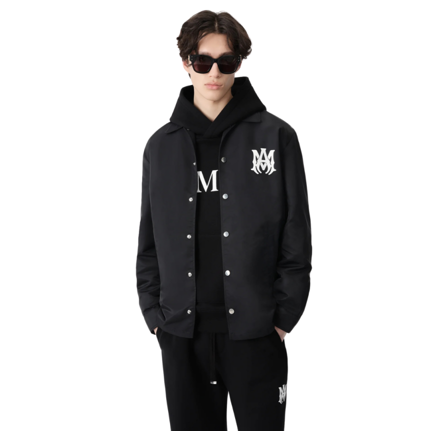 Veste surchemise AMIRI bouton pression nylon noir logo MA Blanc