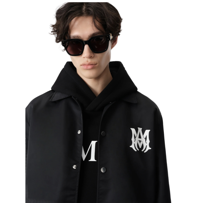 Veste surchemise AMIRI bouton pression nylon noir logo MA Blanc