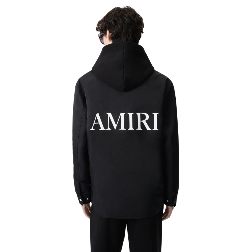 Veste surchemise AMIRI bouton pression nylon noir logo MA Blanc