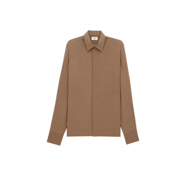 Chemise SAINT LAURENT manche longue crêpe de soie tabac pois camel