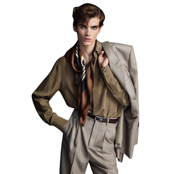 Chemise SAINT LAURENT manche longue crêpe de soie tabac pois camel