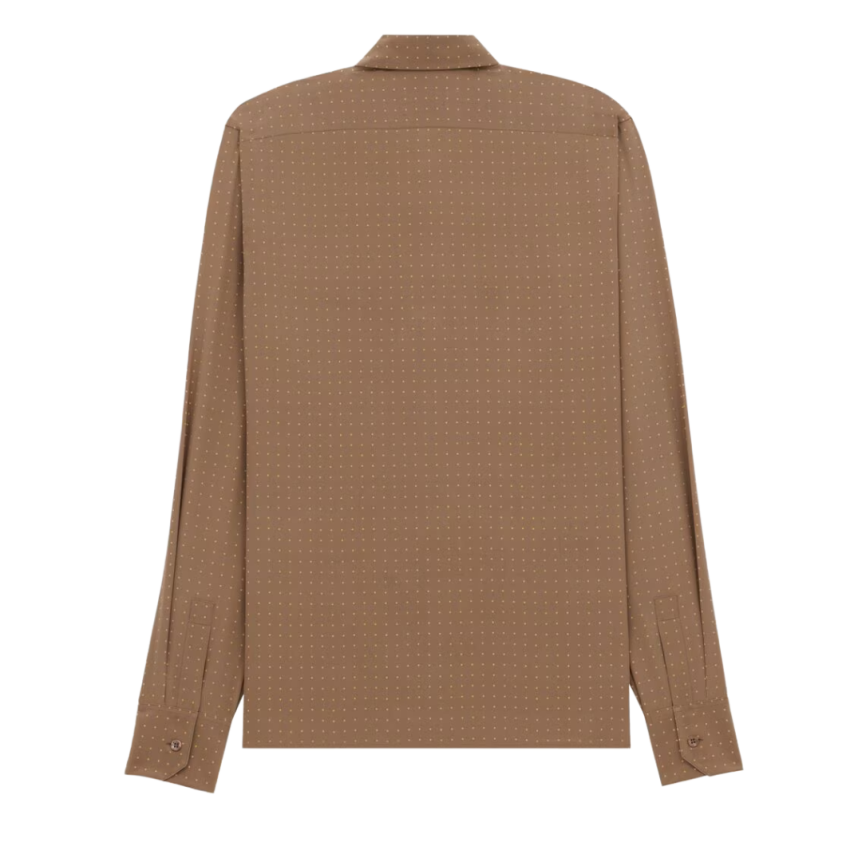 Chemise SAINT LAURENT manche longue crêpe de soie tabac pois camel