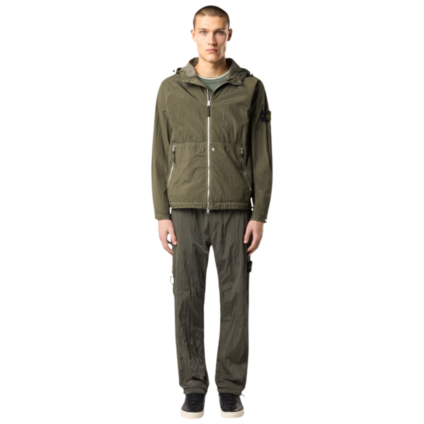 Blouson zippé à capuche STONE ISLAND nylon métal Econyl vert kaki