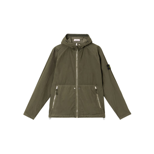 Blouson zippé à capuche STONE ISLAND nylon métal Econyl vert kaki