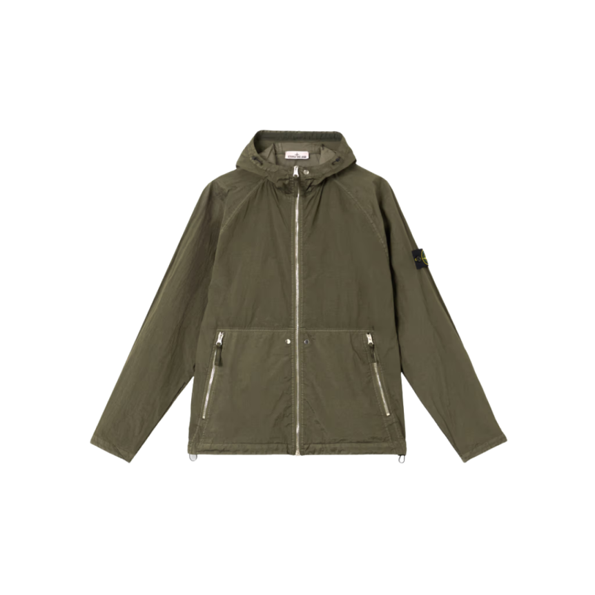 Blouson zippé à capuche STONE ISLAND nylon métal Econyl vert kaki