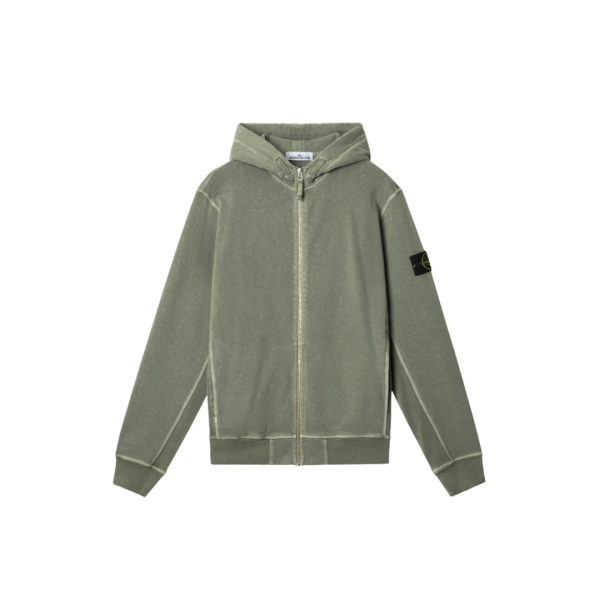 Sweat-shirt zippé capuche STONE ISLAND molleton coton flammé kaki