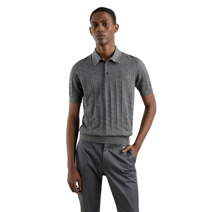 Polo manche courte DOLCE & GABBANA soie gris broderie logo DG all over