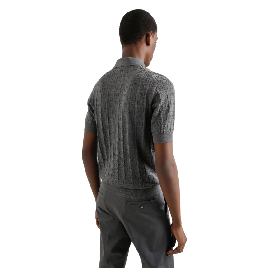 Polo manche courte DOLCE & GABBANA soie gris broderie logo DG all over