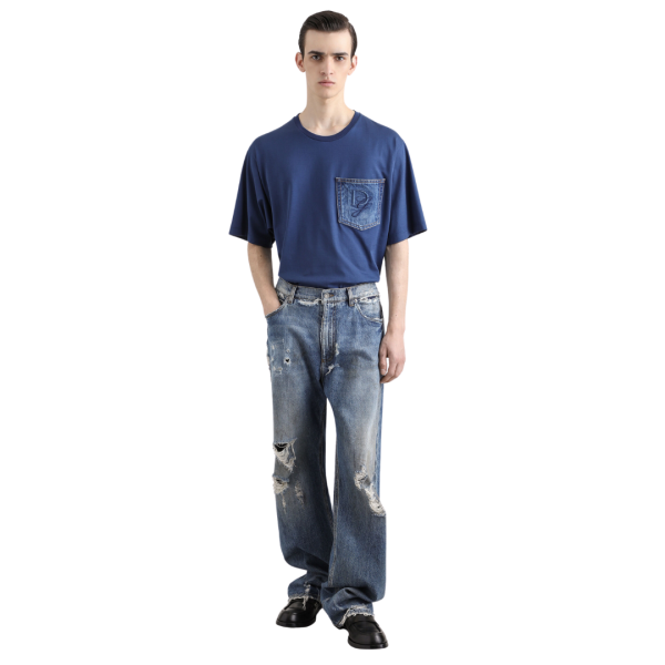 T-shirt DOLCE & GABBANA coton bleu poche poitrine denim broderie logo DG