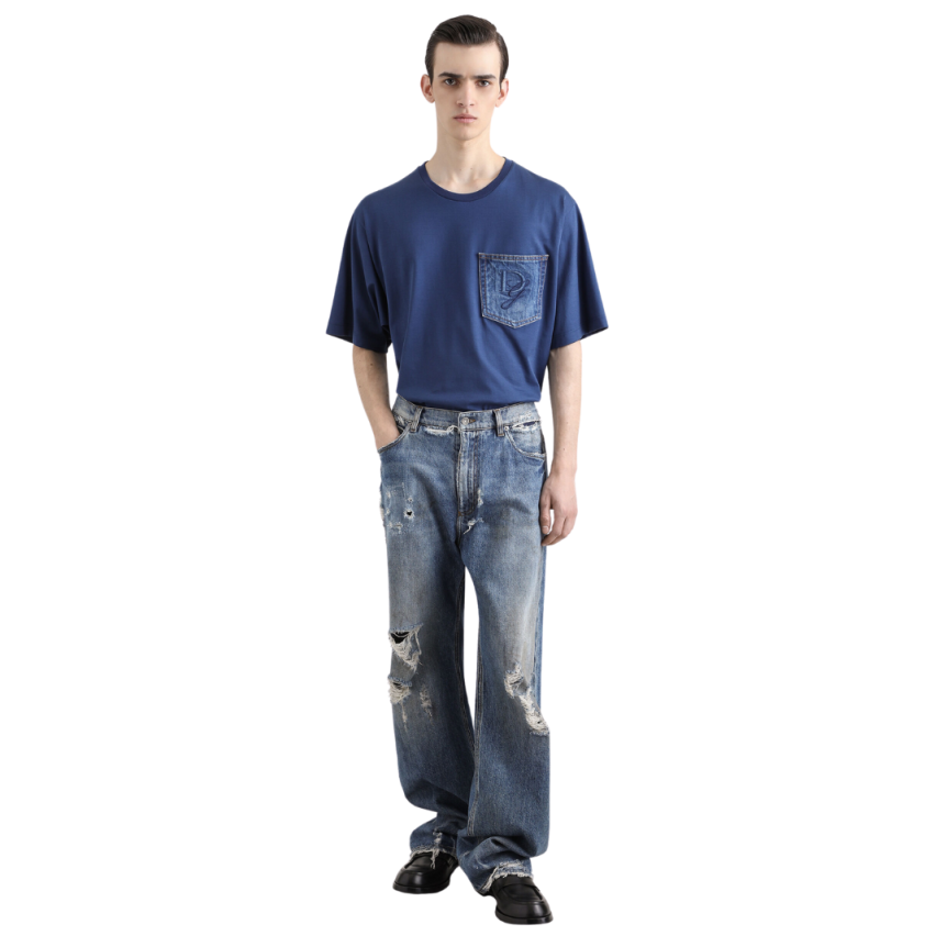 T-shirt DOLCE & GABBANA coton bleu poche poitrine denim broderie logo DG