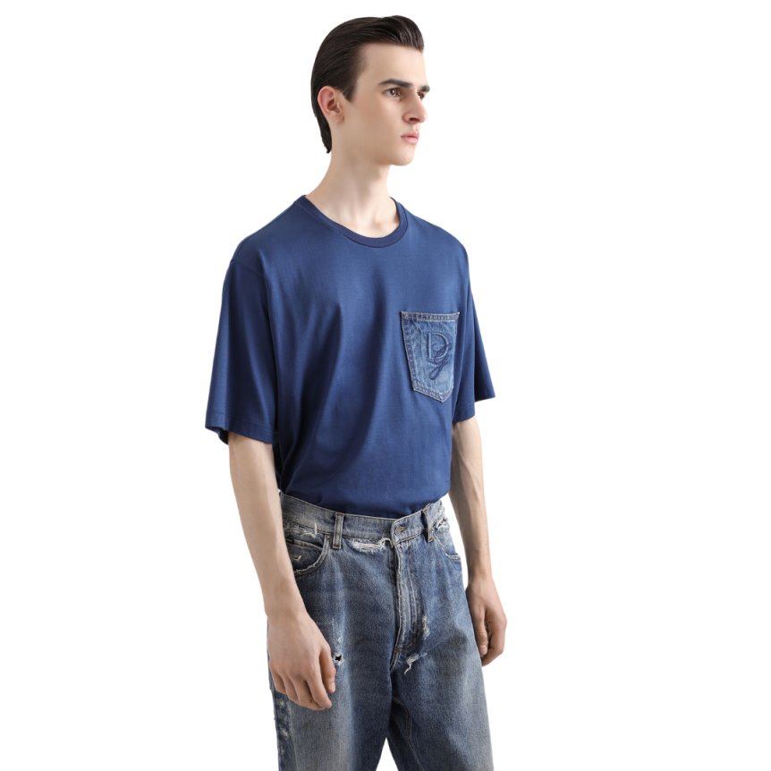 T-shirt DOLCE & GABBANA coton bleu poche poitrine denim broderie logo DG