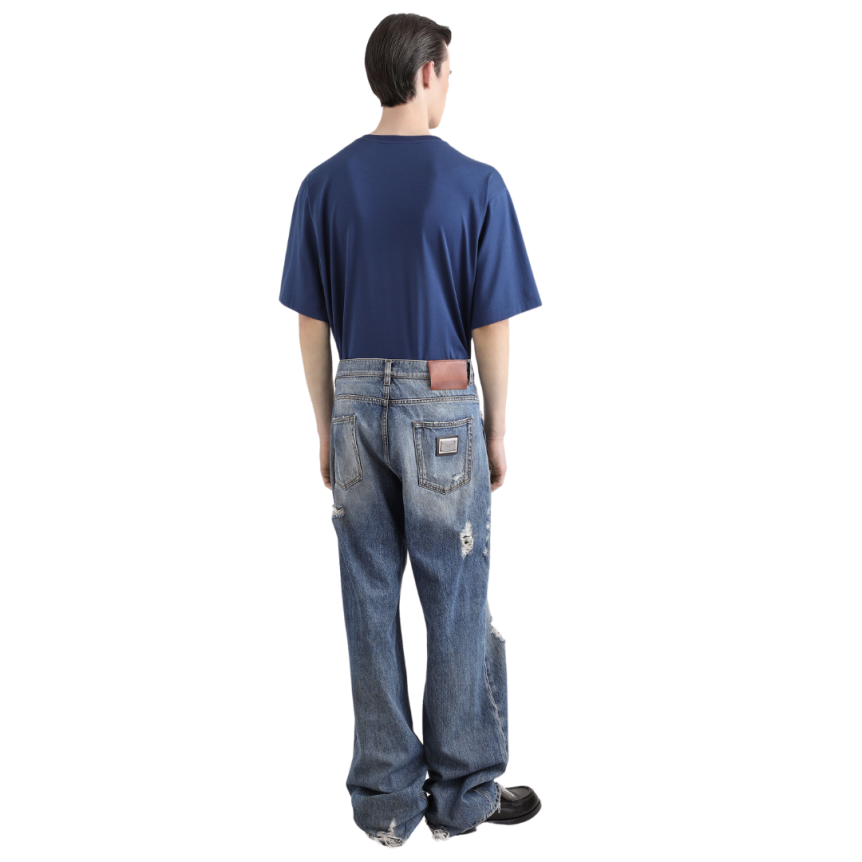 T-shirt DOLCE & GABBANA coton bleu poche poitrine denim broderie logo DG