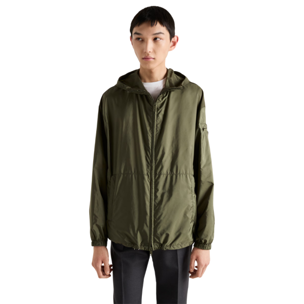 Veste à capuche zippée PRADA Re-Nylon kaki logo triangle métal email