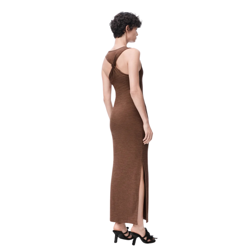 Robe longue débardeur LOEWE Anagramme laine chinée stretch marron dos torsade