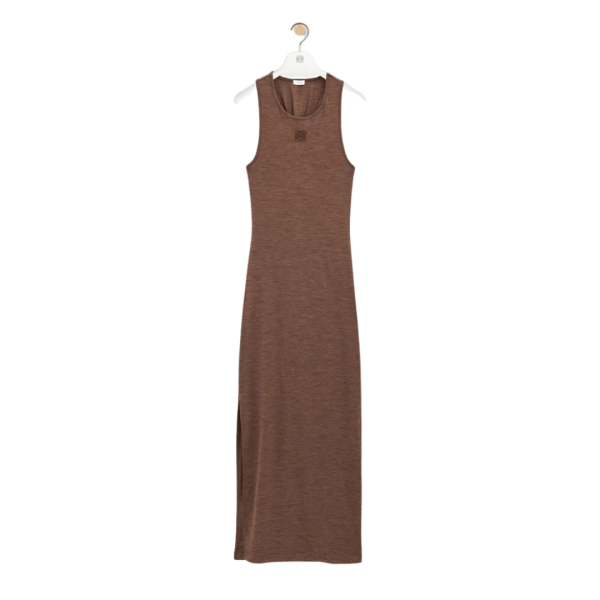 Robe longue débardeur LOEWE Anagramme laine chinée stretch marron dos torsade