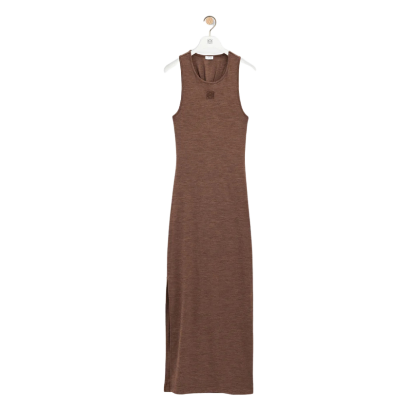 Robe longue débardeur LOEWE Anagramme laine chinée stretch marron dos torsade