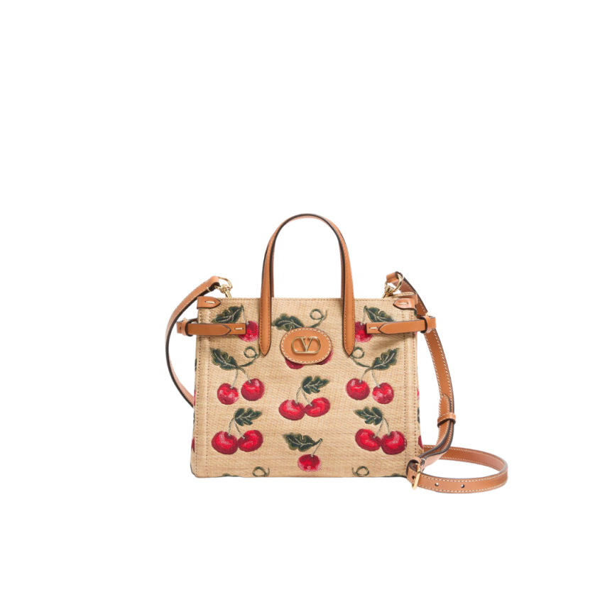 Patit cabas VALENTINO Antibes Rafia beige jacquard Cherryfic Cerises