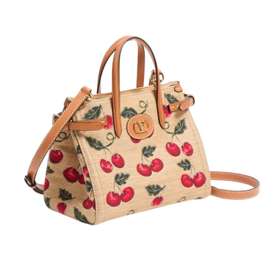 Patit cabas VALENTINO Antibes Rafia beige jacquard Cherryfic Cerises