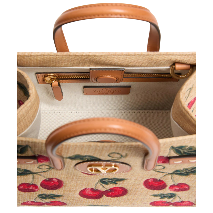 Patit cabas VALENTINO Antibes Rafia beige jacquard Cherryfic Cerises