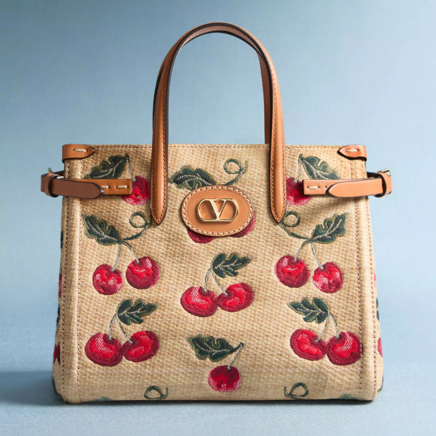 Patit cabas VALENTINO Antibes Rafia beige jacquard Cherryfic Cerises