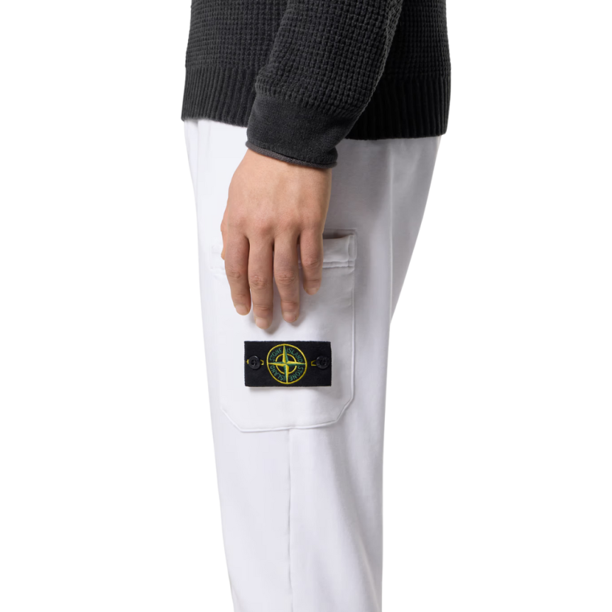 Pantalon Jogging STONE ISLAND cargo slim molleton coton blanc cordon taille