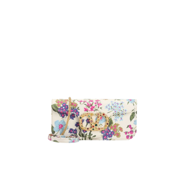 Sac Pochette VALENTINO porté épaule écru fleurs pierres boucle V chainée dorée