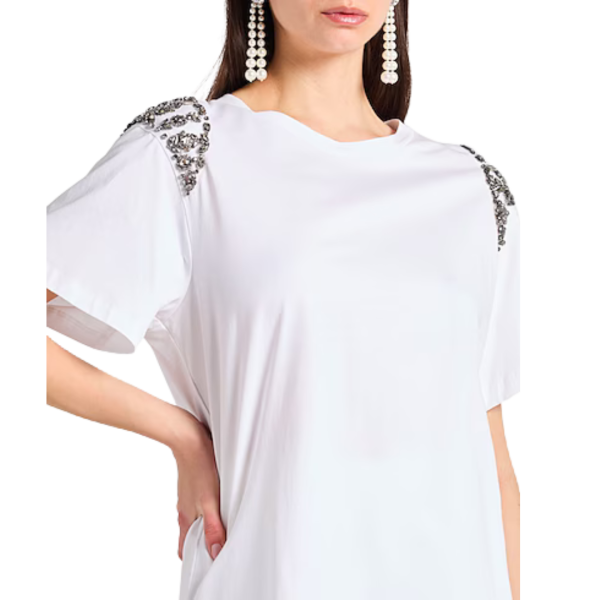 T-shirt ALBERTA FERRETTI col rond sans manches blanc strass argent épaule