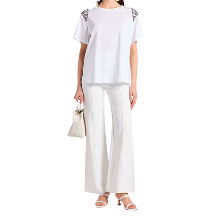 T-shirt ALBERTA FERRETTI col rond sans manches blanc strass argent épaule