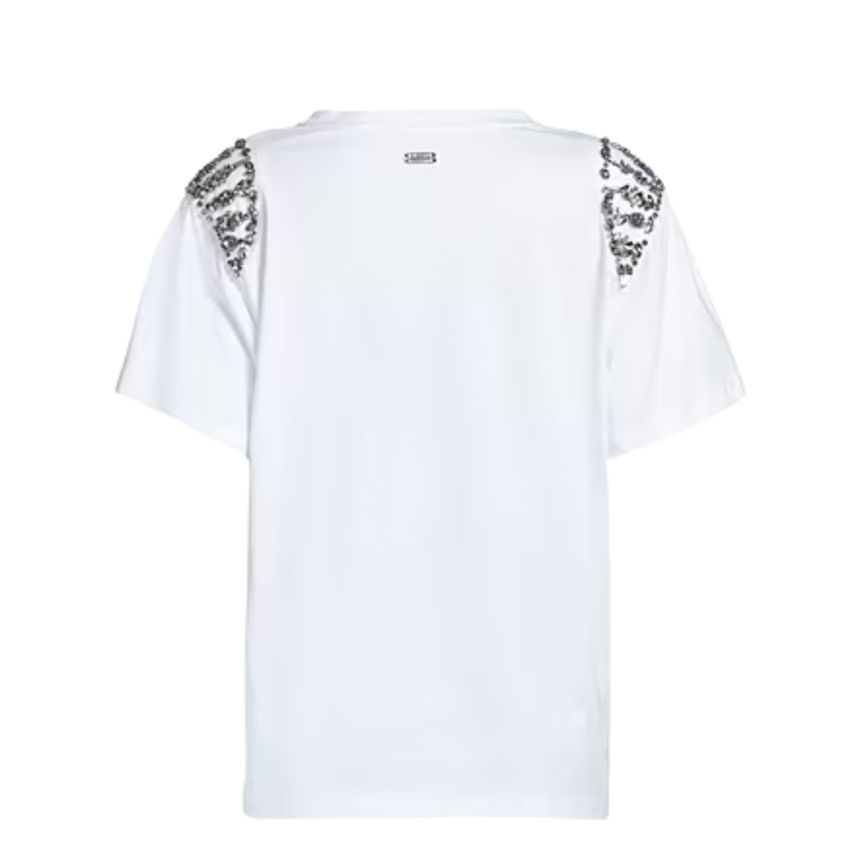 T-shirt ALBERTA FERRETTI col rond sans manches blanc strass argent épaule