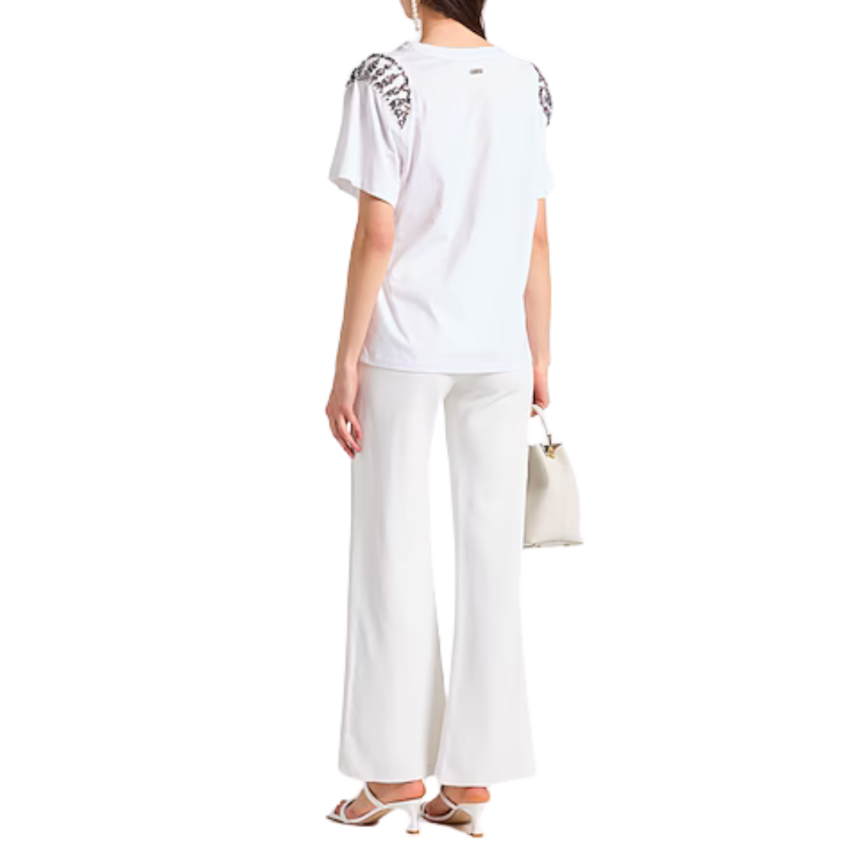 T-shirt ALBERTA FERRETTI col rond sans manches blanc strass argent épaule