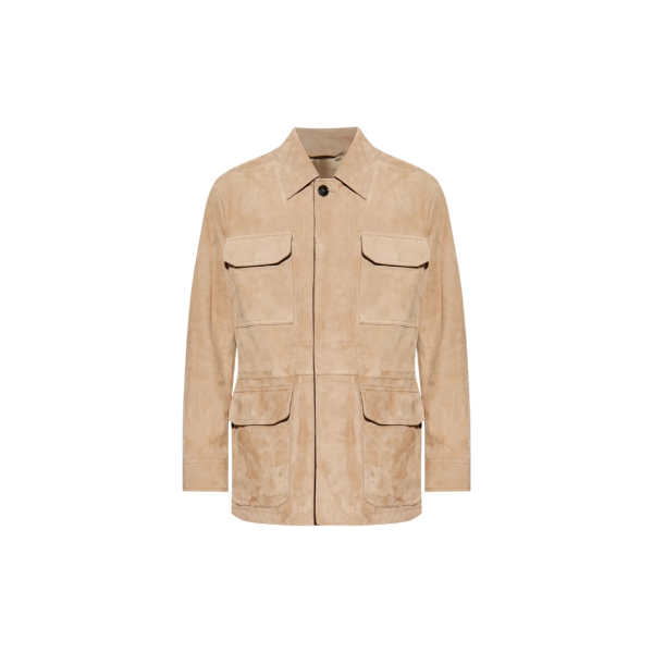 Veste zippée BRIONI agneau daim marron clair poche plaquée