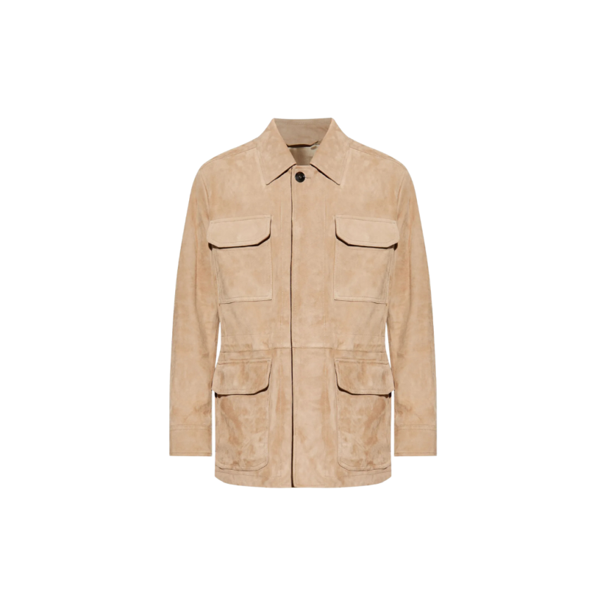 Veste zippée BRIONI agneau daim marron clair poche plaquée