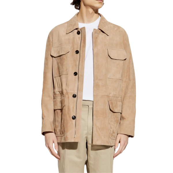 Veste zippée BRIONI agneau daim marron clair poche plaquée