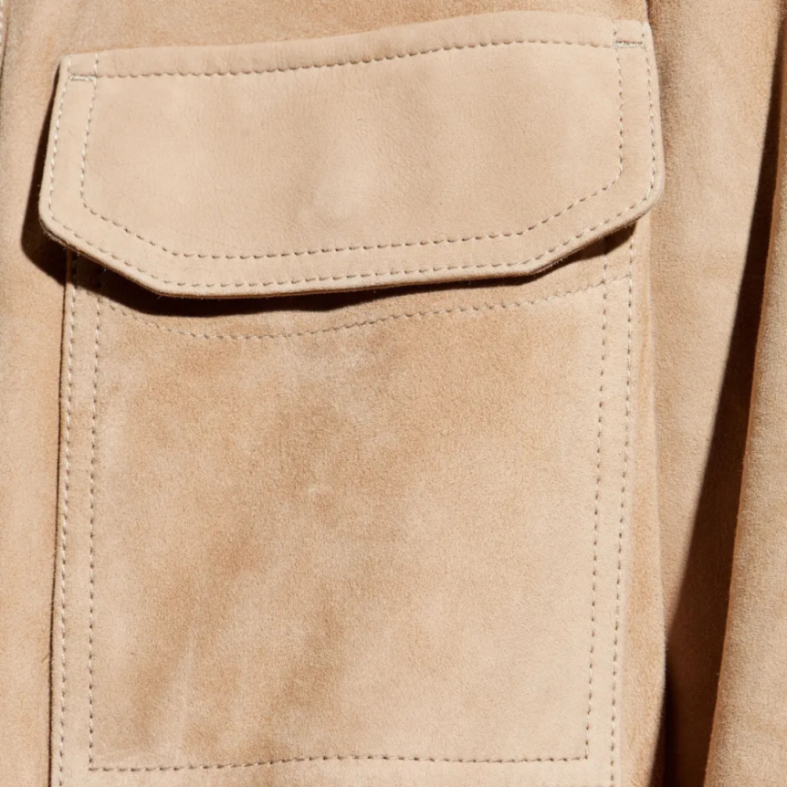 Veste zippée BRIONI agneau daim marron clair poche plaquée