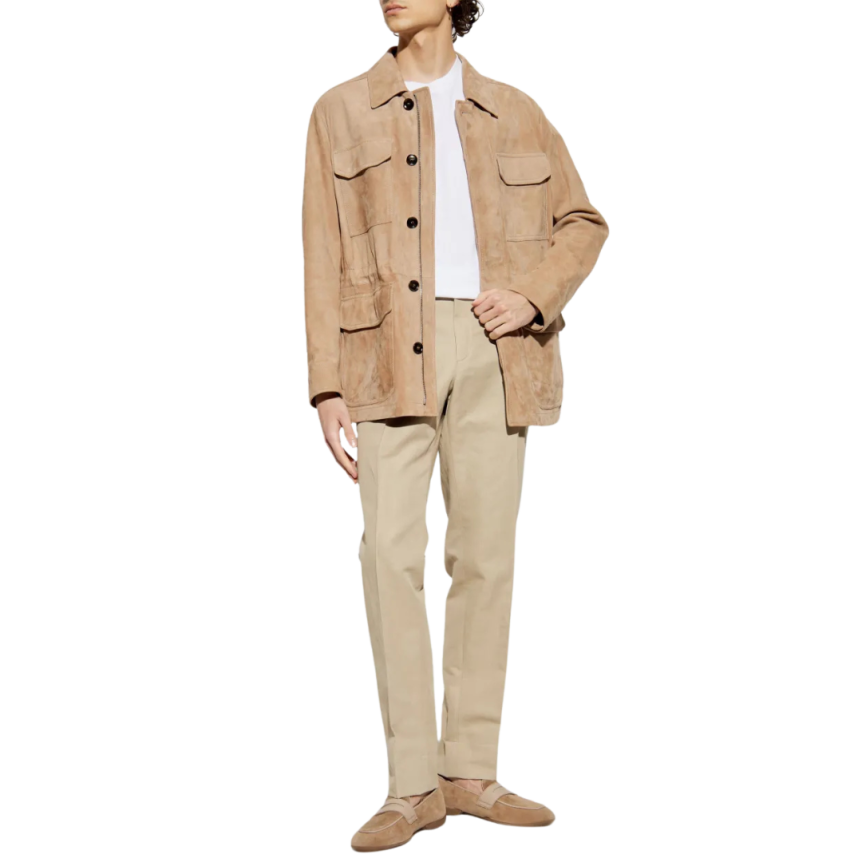 Veste zippée BRIONI agneau daim marron clair poche plaquée