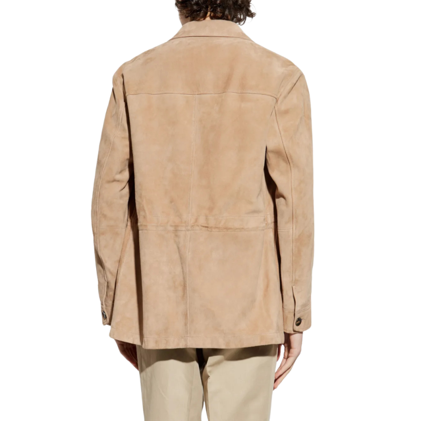 Veste zippée BRIONI agneau daim marron clair poche plaquée