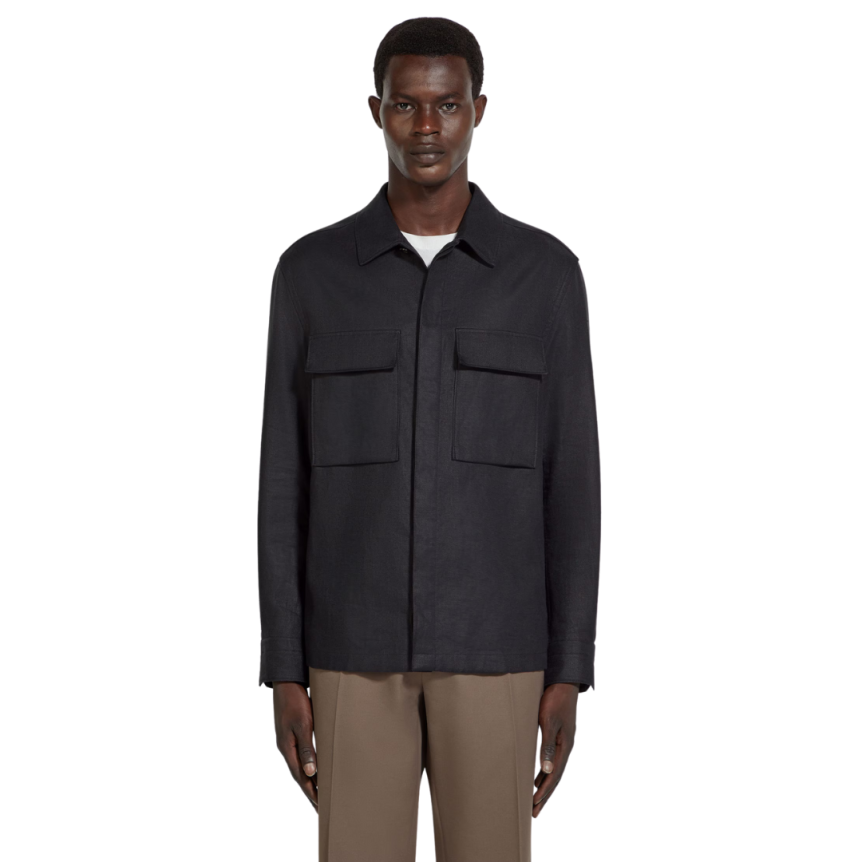 Surchemise ZEGNA lin bleu marine poches plaquées poitrine