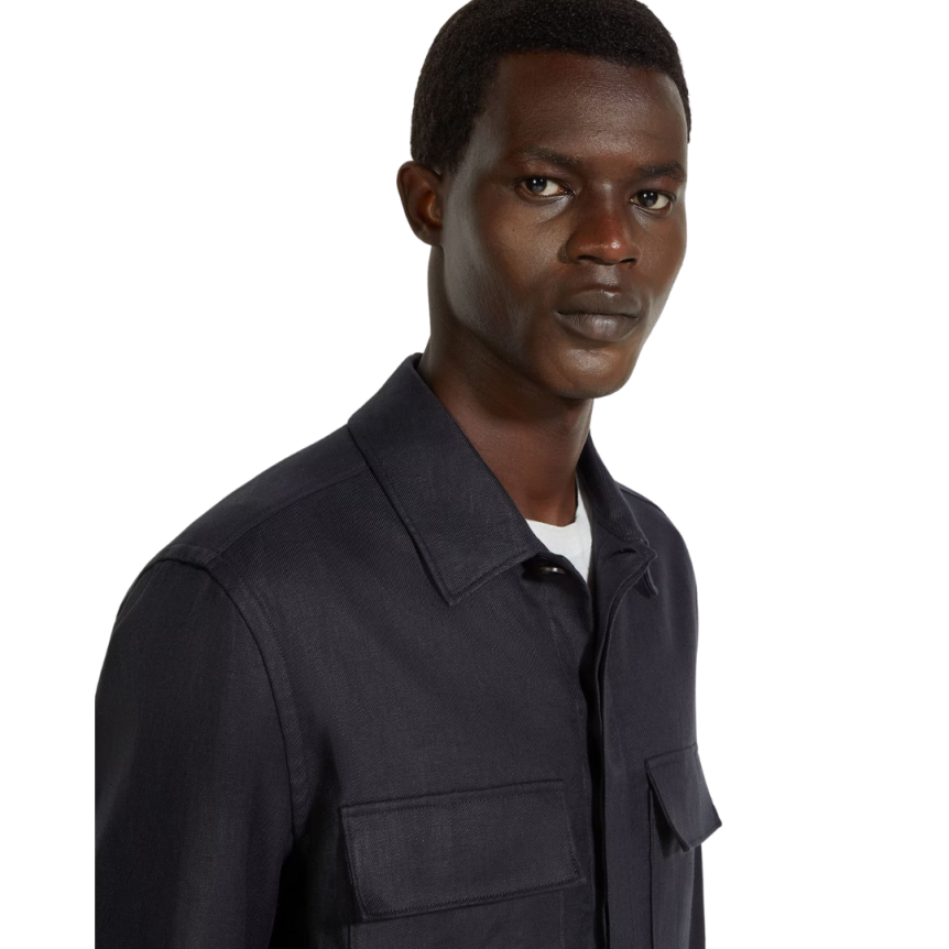 Surchemise ZEGNA lin bleu marine poches plaquées poitrine