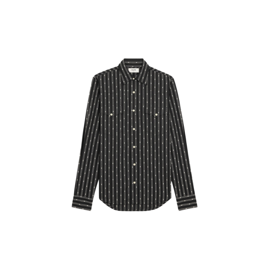 Chemise manche longue CELINE western coton noir rayures Triomphe écru