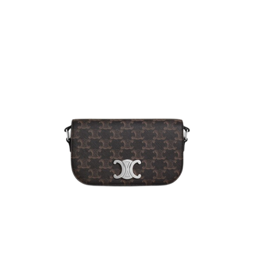 Petit sac bandoulière CELINE cuir veau toile Triomphe marron logo argent