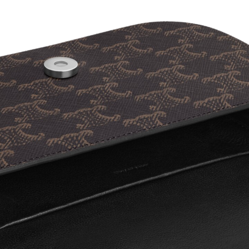 Petit sac bandoulière CELINE cuir veau toile Triomphe marron logo argent