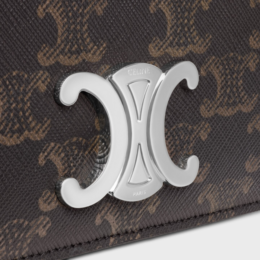 Petit sac bandoulière CELINE cuir veau toile Triomphe marron logo argent