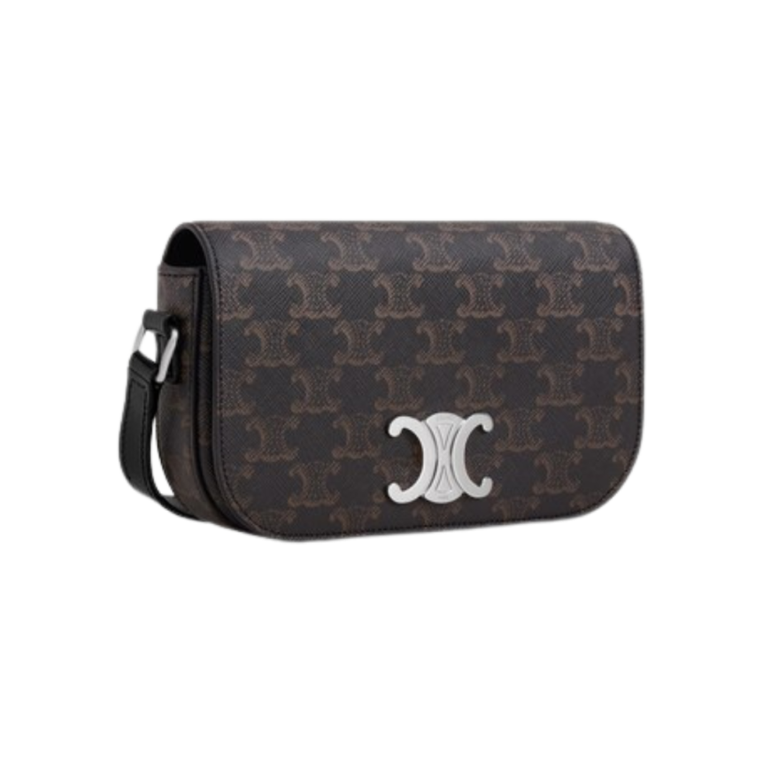 Petit sac bandoulière CELINE cuir veau toile Triomphe marron logo argent