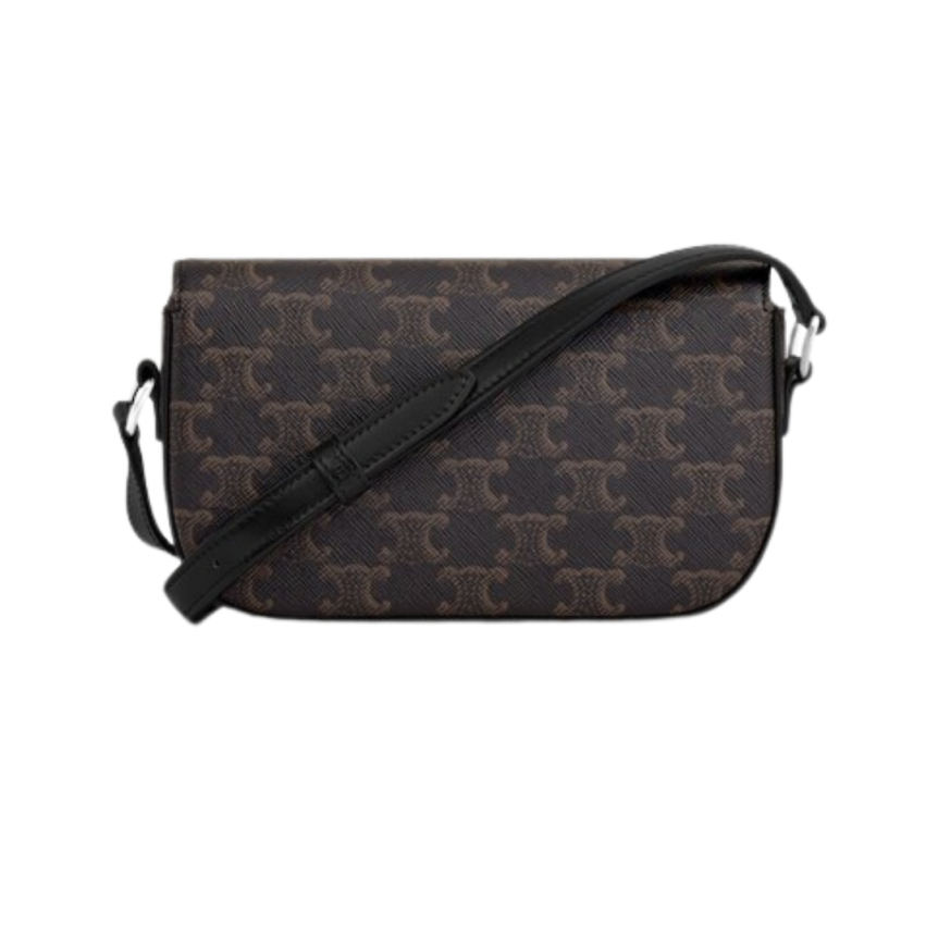 Petit sac bandoulière CELINE cuir veau toile Triomphe marron logo argent