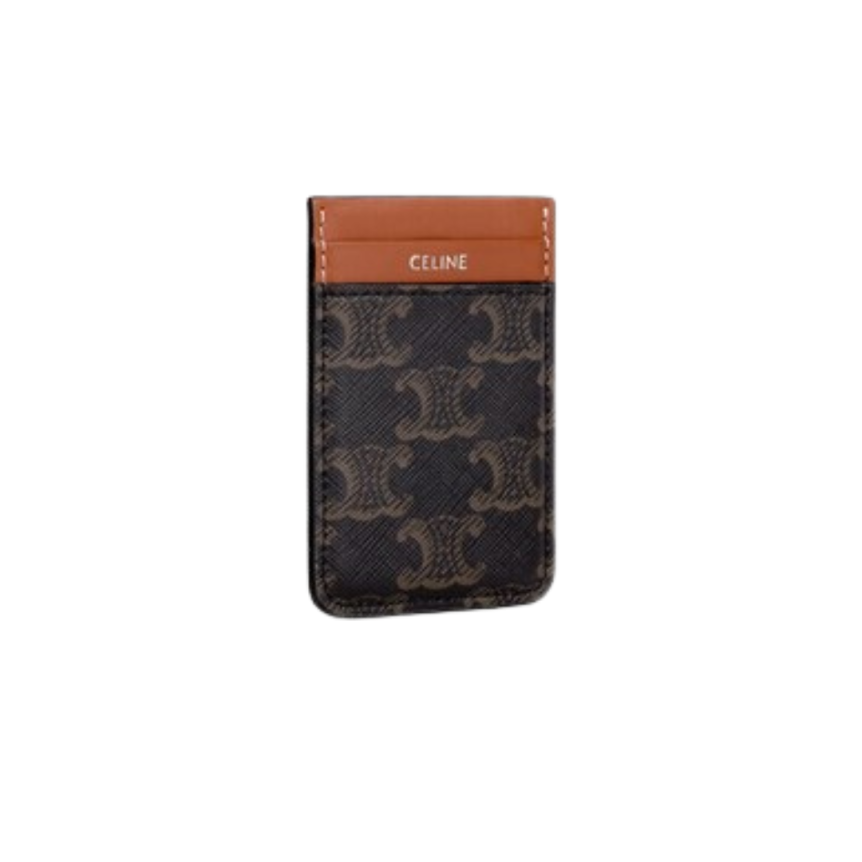 Porte-cartes CELINE aimant cuir veau toile Triomphe marron