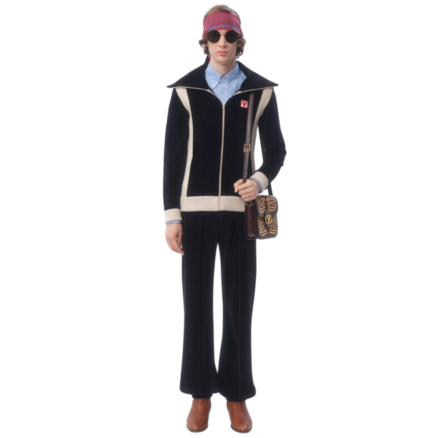 Sweat-shirt zippé VALENTINO cardigan velours noir écusson V