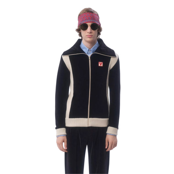 Sweat-shirt zippé VALENTINO cardigan velours noir écusson V